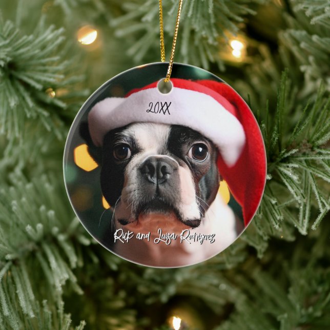 Cute Boston Terrier with Santa Hat Christmas Ceramic Tree Decoration (Tree)