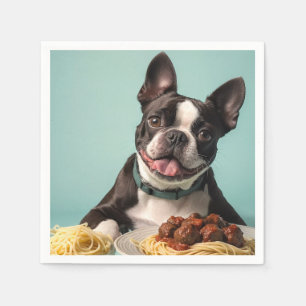 Cute Boston Terrier With Spaghetti Bolognaise Napkin