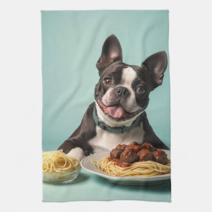 Cute Boston Terrier With Spaghetti Bolognaise  Tea Towel