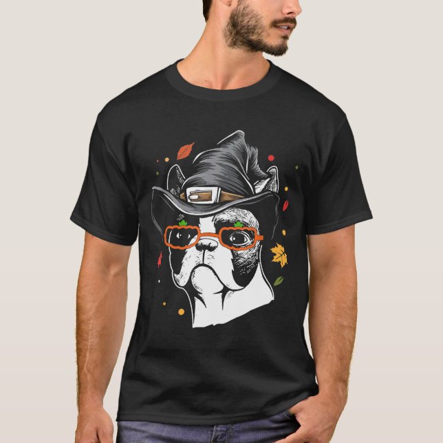 Cute Boston Terrier With Witch Hat Halloween Costu T-Shirt (Front)