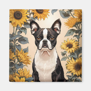 Cute Boston Terrier Yellow Sunflowers Magnet