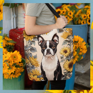 Cute Boston Terrier Yellow Sunflowers Tote Bag