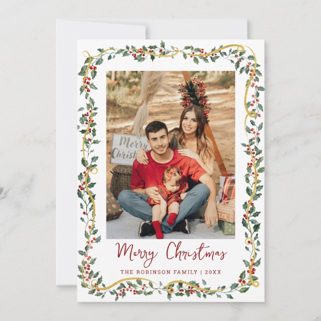 Cute Botanical Greenery Merry Christmas 1 Photo Holiday Card (Front)