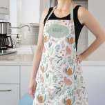 Cute botanical pastel floral pattern custom name apron<br><div class="desc">Pretty spring floral pink,  orange,  and sage green patterned feminine apron with personalised name or text over a light sage green oval geometrical shape.</div>