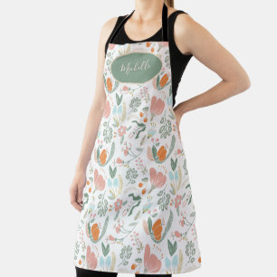 Cute botanical pastel floral pattern green name apron