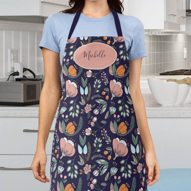 Cute botanical pastel floral pattern name navy apron (Creator Uploaded)