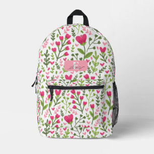Cute Botanical Personalised Pink Floral Heart Printed Backpack