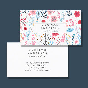 Cute Botanical Pink Blue Modern Floral Business Card