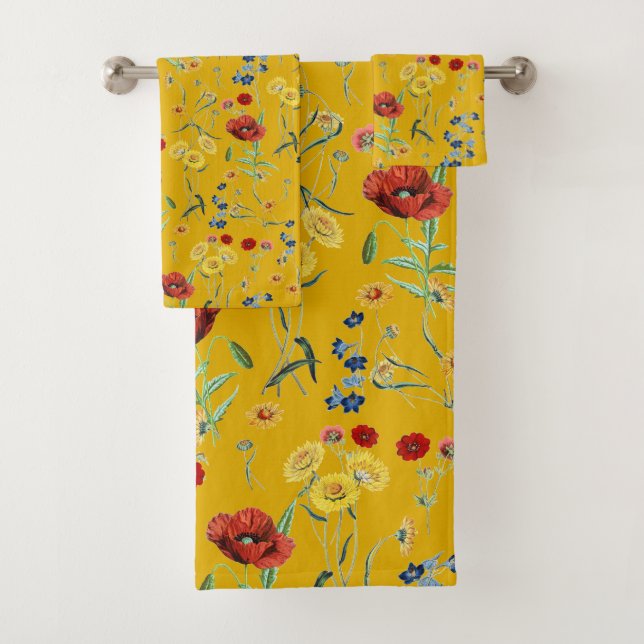Cute Botanical Poppy Daisy Floral Pattern Yellow Bath Towel Set (Insitu)