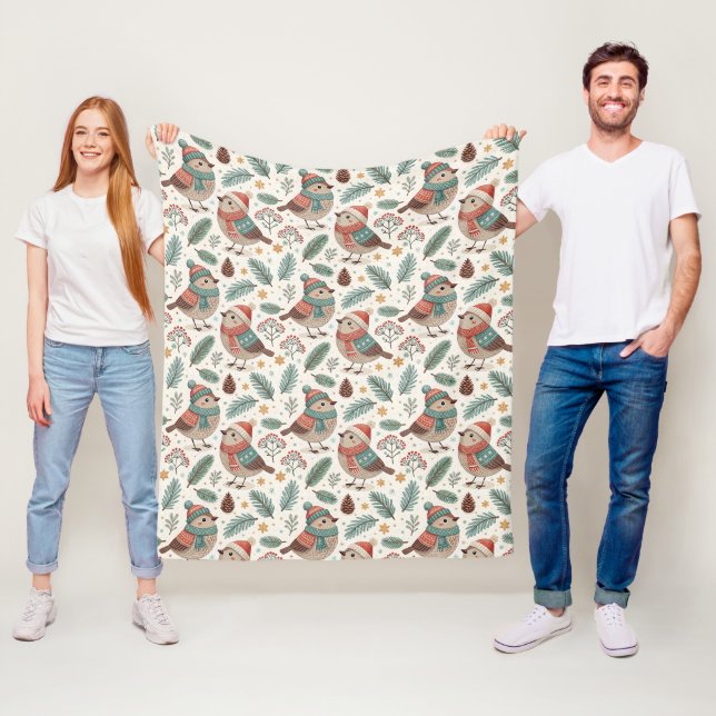 Cute Botanical Scandinavian Bird Fleece Blanket (In Situ)