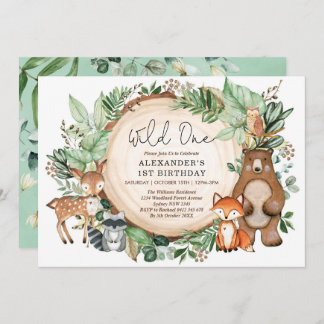 Cute Botanical Woodland Animals Wild One Birthday Invitation
