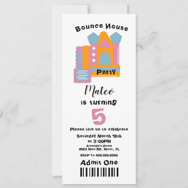 Cute Bounce House Birthday Ticket Style Invitation (Front)