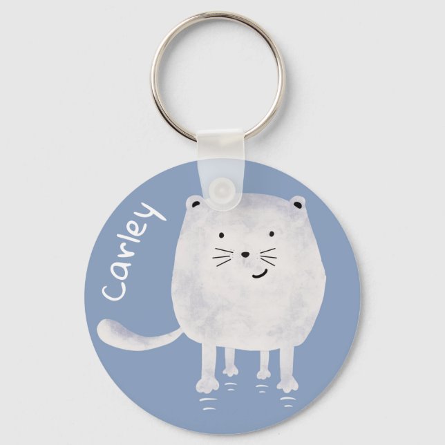 Cute Bouncing White Cat Personalised Key Ring (Front)