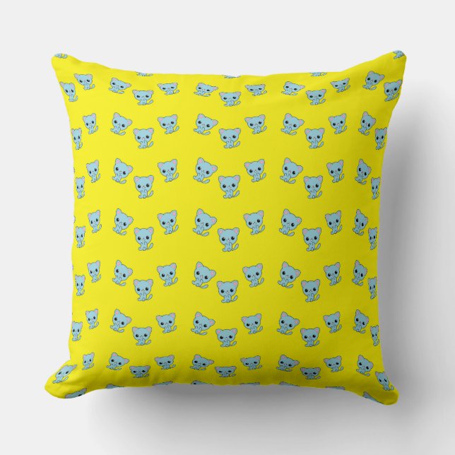 Cute bouncy blue kitten on yellow cushion (Front)