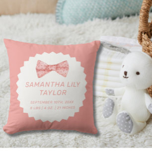 Cute Bow Birth Stats Newborn Baby Throw Pillow