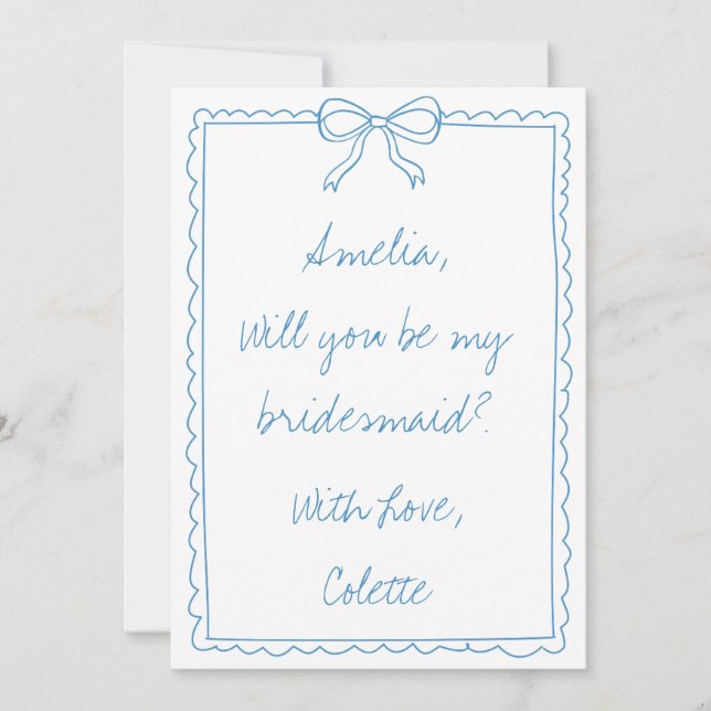 Cute Bow Blue Handwritten Chic Bridesmaid Proposal Card (Front)