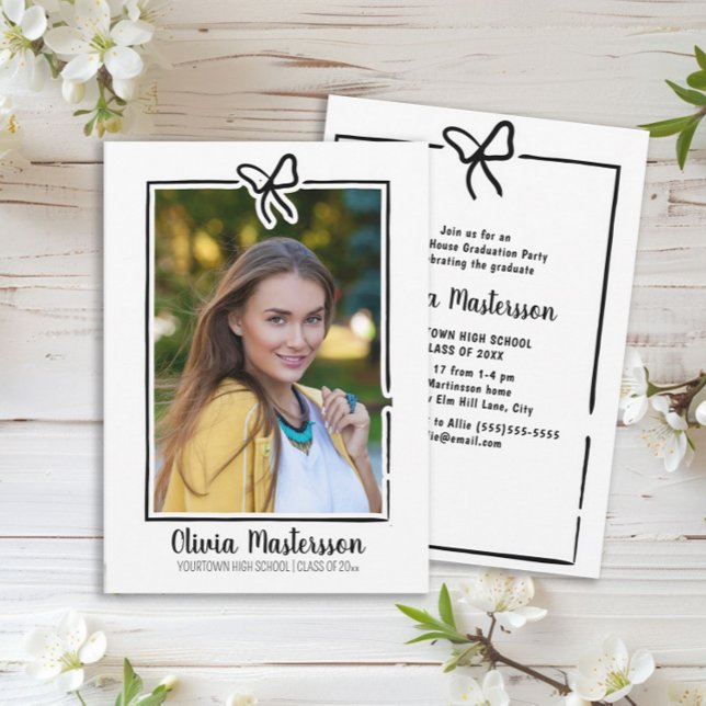 Cute Bow Frame Photo Open House Graduation Party Invitation (Cute line art bow graduation open house/graduation party photo invitation)