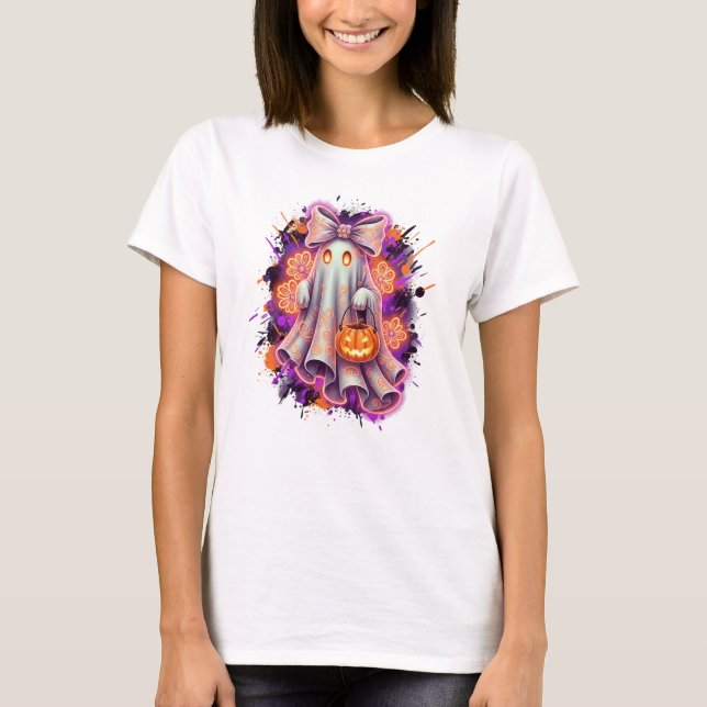 Cute Bow Ghost Pumpkin Halloween Shirt (Front)