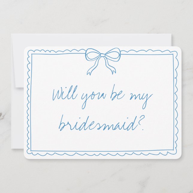 Cute Bow Handwritten Blue Bridesmaid Proposal Card (Front)