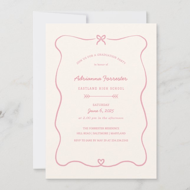 Cute Bow Heart Girly Pink Graduation Party Invitation (Front)