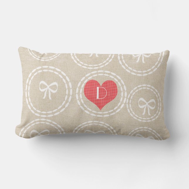 Cute Bow Linen Textured Monogrammed Lumbar Cushion (Front)