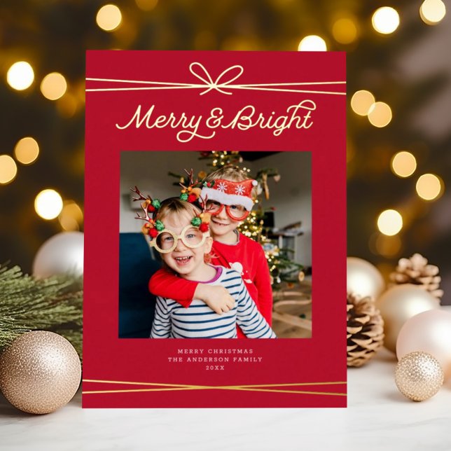 Cute Bow Merry & Bright Photo Red + Gold  (Creator Uploaded)