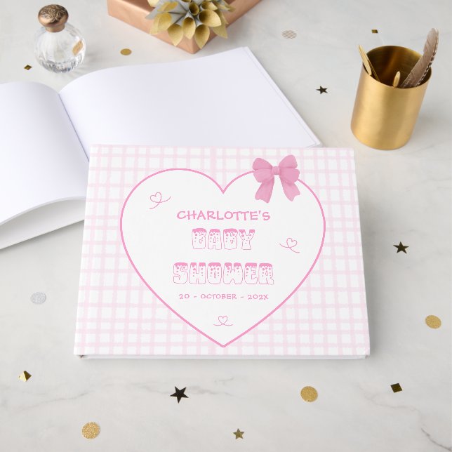 Cute Bow Pastel Pink Gingham Baby Shower Guest Book (Front Open)
