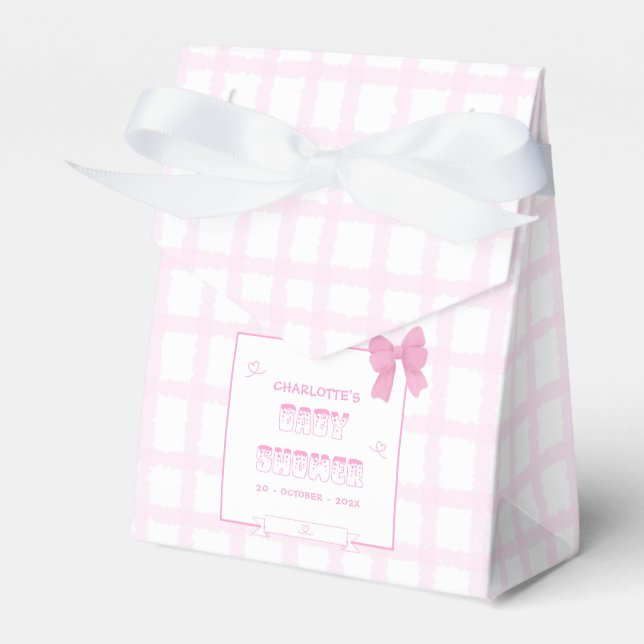 Cute Bow Pastel Pink Gingham Baby Shower Tent Favour Box (Front Side)