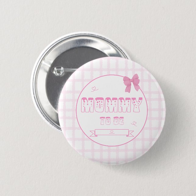 Cute Bow Pastel Pink Gingham Mummy-to-be Button (Front & Back)
