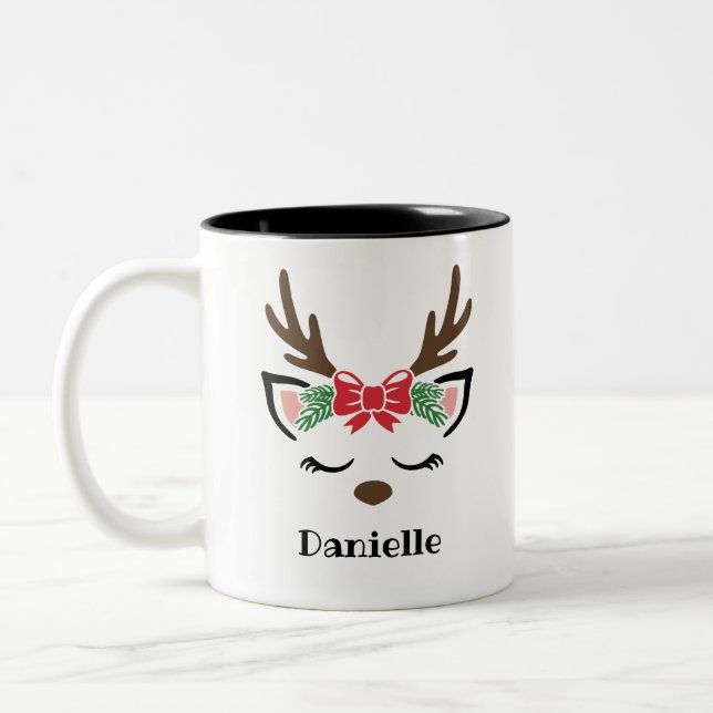 Cute Bow Reindeer Face Personalised Name Holiday Two-Tone Coffee Mug (Left)