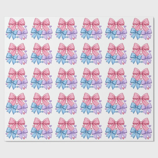 Cute Bow Ribbon Pattern – Pink Blue & Purple Bow  Wrapping Paper (Flat)