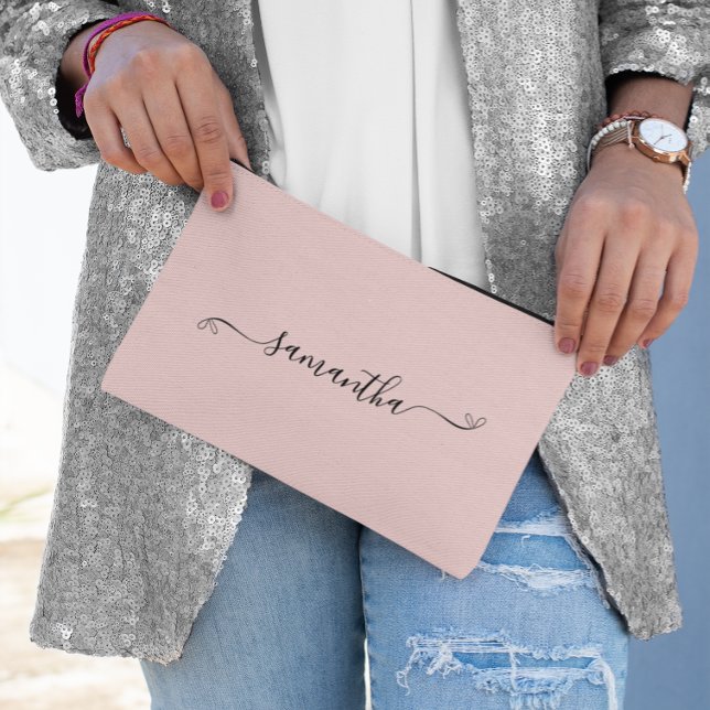 Cute Bow Signature Name Blush Accessory Pouch (Luxury Silver White Marble Signature Name Accessory Pouch)