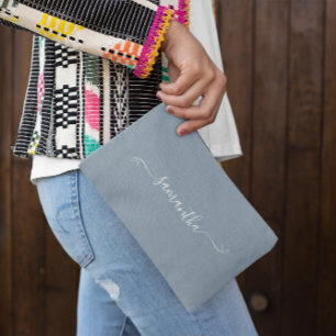 Cute Bow Signature Name Dusty Blue Accessory Pouch