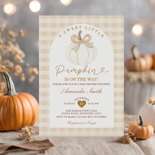 Cute Bow Sweet Little Pumpkin Gingham Baby Shower Invitation (Creator Uploaded)
