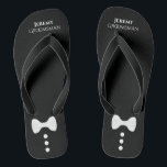 Cute Bow Tie & Buttons Black Groomsman Wedding Jandals<br><div class="desc">These cute flip flops are a great way to thank the groomsmen at your wedding. They feature a cute & fun design with a white bow tie and buttons on a black background with his name and title.</div>