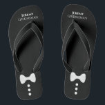 Cute Bow Tie & Buttons Black Groomsman Wedding Jandals<br><div class="desc">These cute flip flops are a great way to thank the groomsmen at your wedding. They feature a cute & fun design with a white bow tie and buttons on a black background with his name and title.</div>