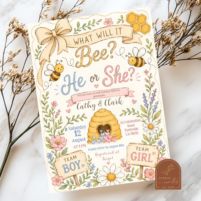 Cute Bow Vintage Bee Gender Reveal Invitation (Creator Uploaded)