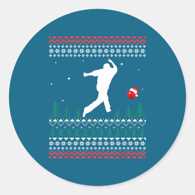 Cute Bowling Player Santa Claus Hat Ugly Christmas Classic Round Sticker (Front)