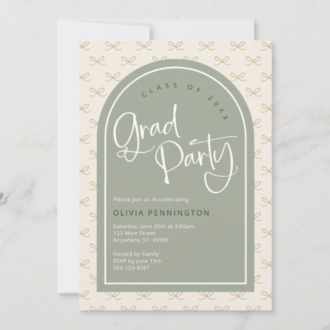 Cute Bows Sage Green Graduation Party  Invitation (Front)