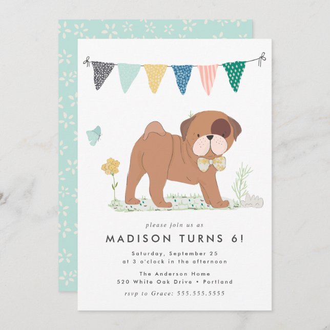 Cute Bowtie Pug Birthday Party Invitation (Front/Back)