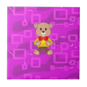 Cute Bowtie Teddy Bear Pink Geometric Ceramic Tile