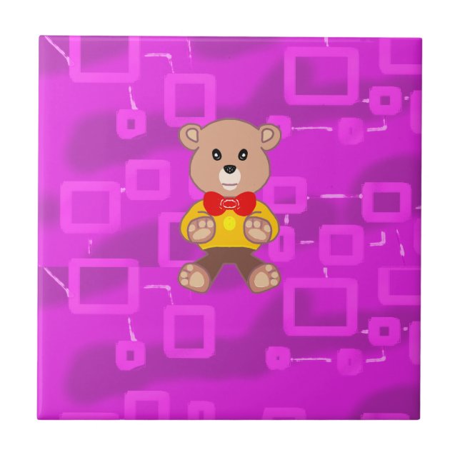 Cute Bowtie Teddy Bear Pink Geometric Ceramic Tile (Front)