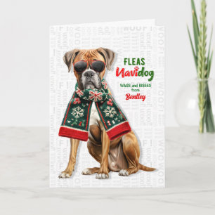 Cute Boxer Dog Funny Fleas Navidog with Name Holiday Card
