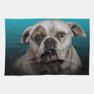 Cute Boxer Dog w Blue Black Gradient background Tea Towel