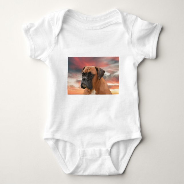 Cute Boxer Dog Water Colour Oil Painting Art Baby Bodysuit (Front)
