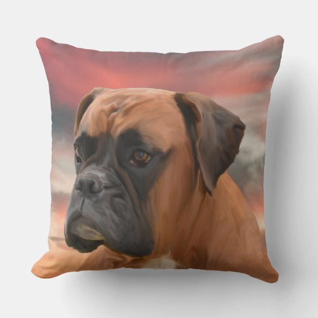 Cute Boxer Dog Water Colour Oil Painting Art Cushion (Front)