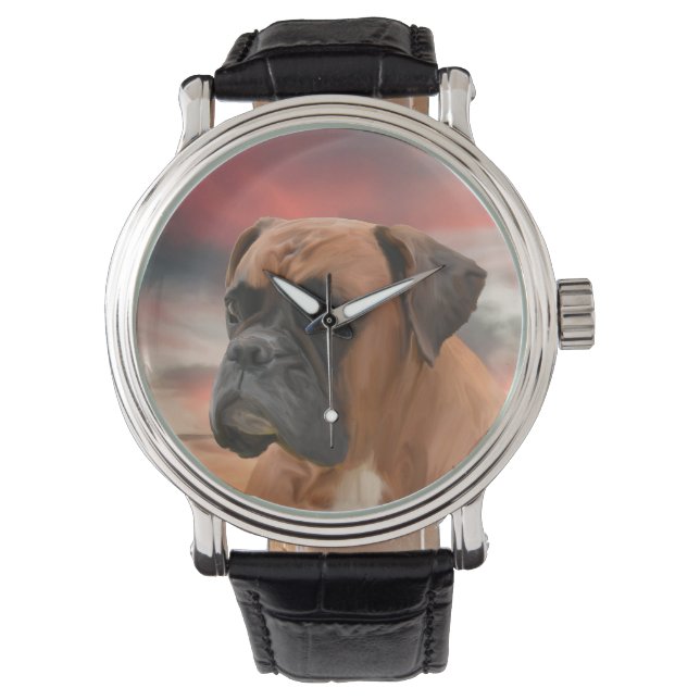 Cute Boxer Dog Water Colour Oil Painting Art Watch (Front)