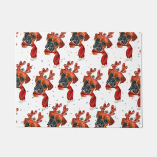 Cute Boxer Dog with Reindeer Antlers Christmas Doormat