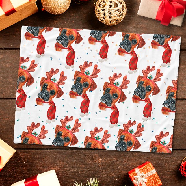 Cute Boxer Dog with Reindeer Antlers Christmas Fleece Blanket (Creator Uploaded)