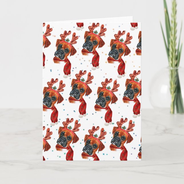 Cute Boxer Dog with Reindeer Antlers Christmas Holiday Card (Front)